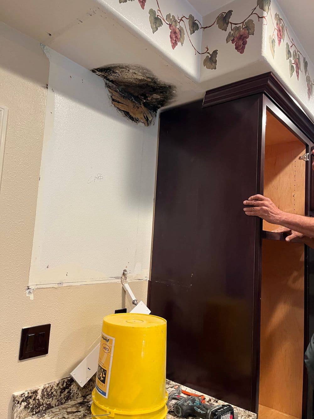 Water damage in kitchen with mold under cabinet and repair work in progress.